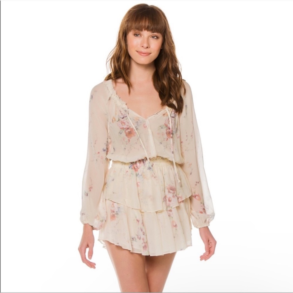 LoveShackFancy Floral Silk Mini Dress Long Sleeve
